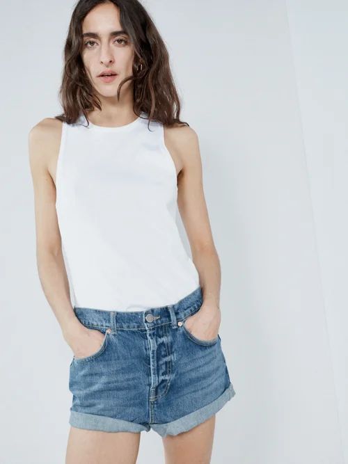 Rivet Cut-off Organic Cotton Denim Shorts - Womens - Dark Blue