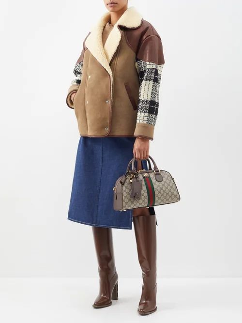 Shearling-lined Check Wool And Leather Coat - Womens - Brown Multi