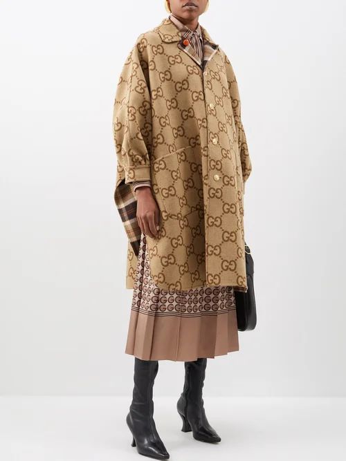 Reversible Check Wool-blend Cape Coat - Womens - Brown Multi