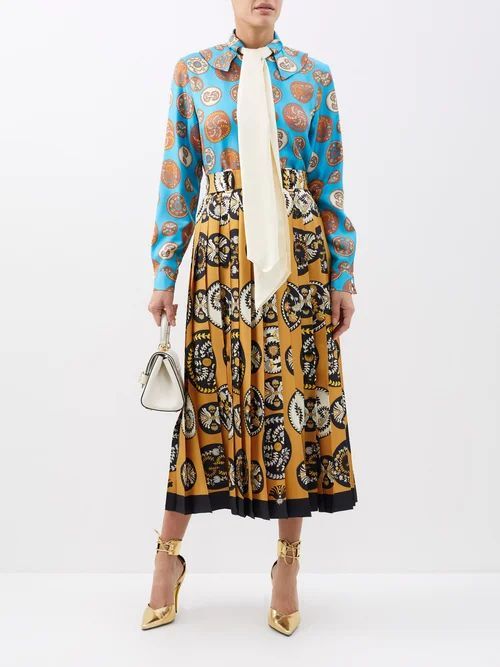 GG Paisley-print Pleated Silk Midi Skirt - Womens - Bronze Multi