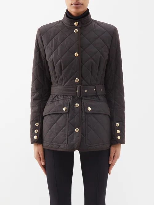 Belted Quilted Waxed-cotton Jacket - Womens - Dark Brown