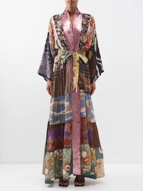 Patchwork Sequinned Vintage Silk Coat - Womens - Multi
