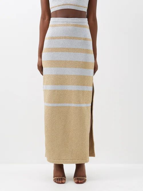 Striped Lamé Midi Skirt - Womens - Gold Silver