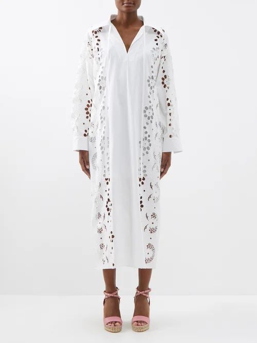 Floral Broderie-anglaise Cotton-poplin Shirt Dress - Womens - White