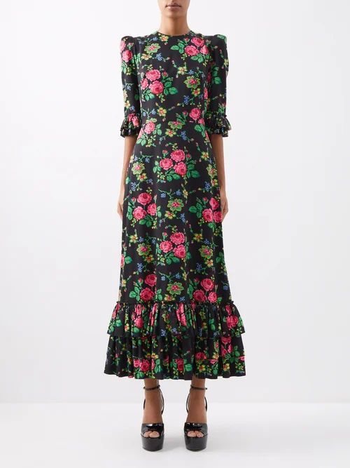 The Cinderella Floral-print Cotton Midi Dress - Womens - Black