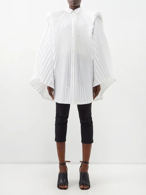 Cape-sleeve Pleated Cotton-blend Blouse - Womens - White