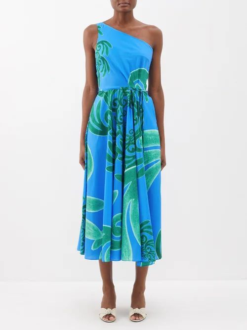 Coco One-shoulder Cotton-blend Midi Dress - Womens - Blue Green