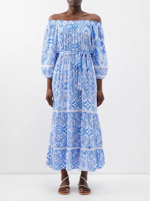 Eclipse Ceramic-print Off-the-shoulder Dress - Womens - Blue Print