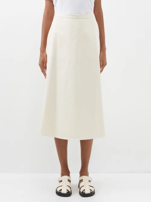 High-rise Cotton-twill Midi Skirt - Womens - Ivory