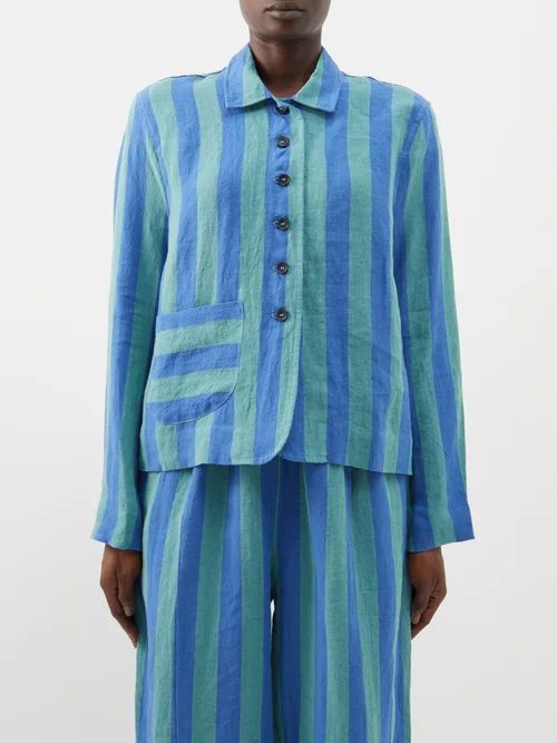 Lillie Striped Linen Jacket - Womens - Blue Green