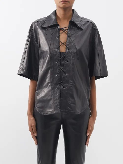 Lynna Lace-up Leather Blouse - Womens - Black