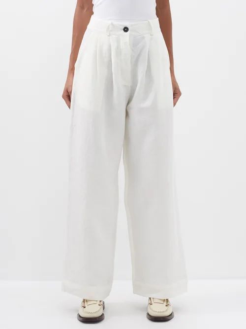 Mara Pleated Linen Wide-leg Trousers - Womens - White