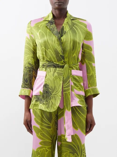 Phoebe Belted Floral-print Silk Jacket - Womens - Green Pink