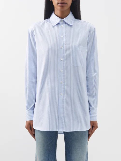 Point-collar Pinstriped Cotton-poplin Shirt - Womens - Blue White