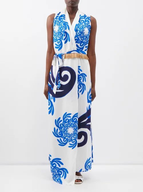 Thalasso Swirl-printed Satin Wrap Dress - Womens - Blue White