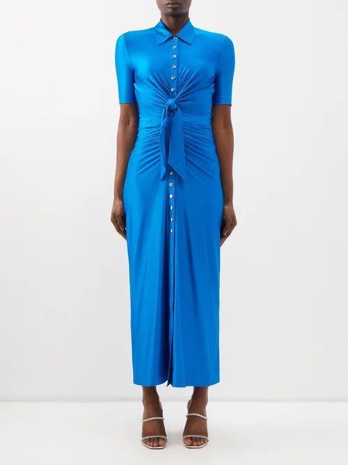 Tie-waist Satin-jersey Shirt Dress - Womens - Bright Blue