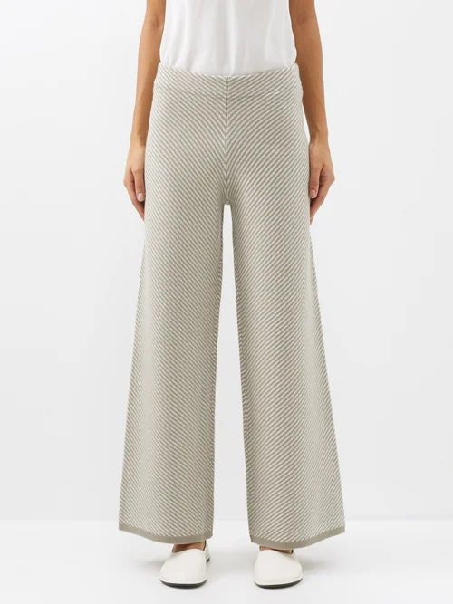 Elasticated-waist Striped Merino Trousers - Womens - Beige Melange