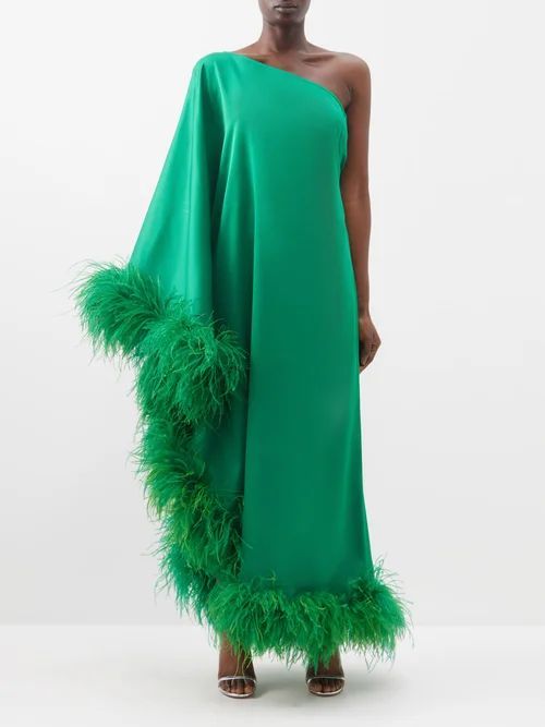 Extravaganza One-shoulder Feather-trim Crepe Gown - Womens - Green