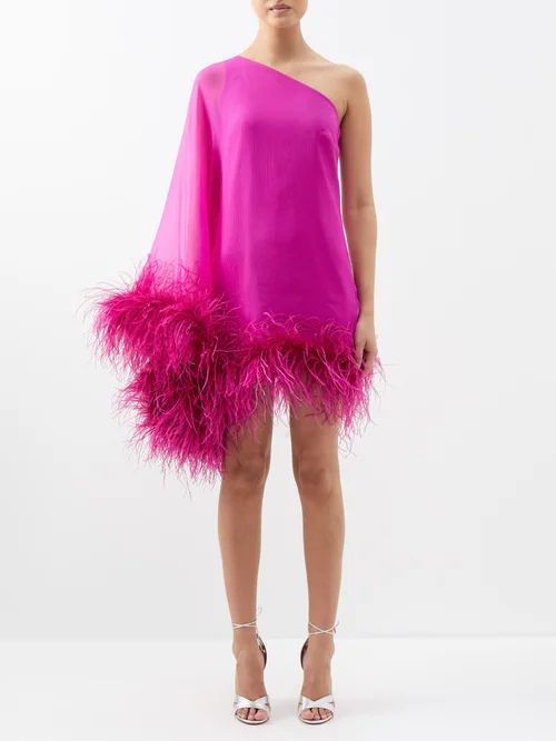 Ubud Spirito One-shoulder Feather-trim Silk Dress - Womens - Fuchsia