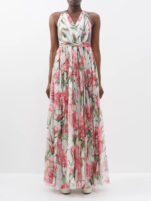 Happy Garden Carnation-print Silk Dress - Womens - White Print