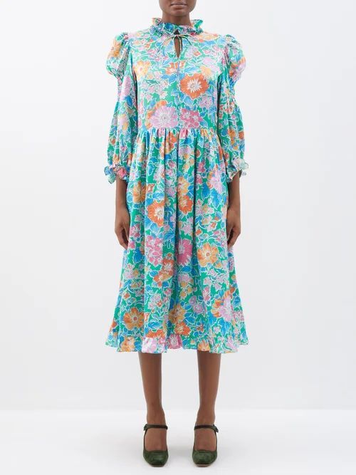 Yuzuki Floral-print Silk-satin Midi Dress - Womens - Green Multi