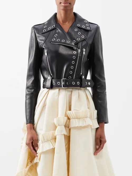 Rivet-embellished Cropped Leather Biker Jacket - Womens - Black