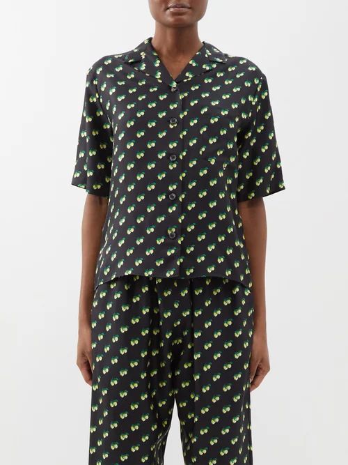 Boxy Lemon-print Silk-twill Shirt - Womens - Black Multi