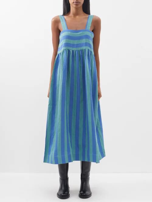 Elba Striped Linen Dress - Womens - Blue Green