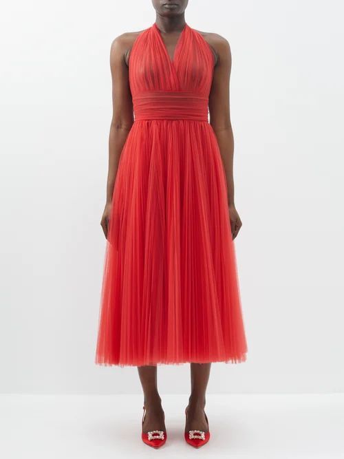 Halterneck Pleated Tulle Midi Dress - Womens - Red