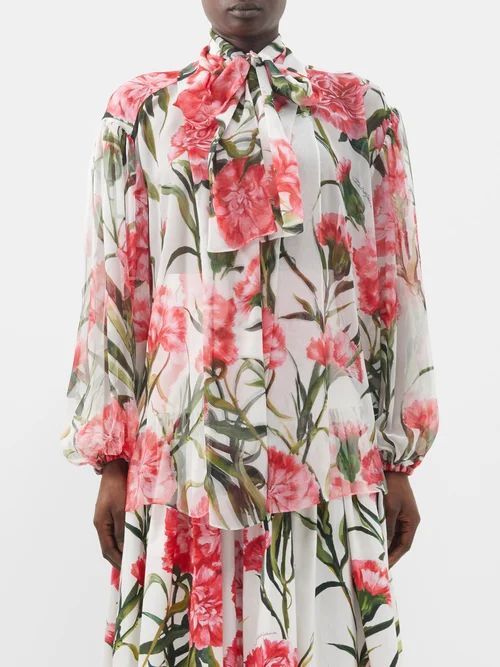 Happy Garden Carnation-print Silk-chiffon Blouse - Womens - White Print