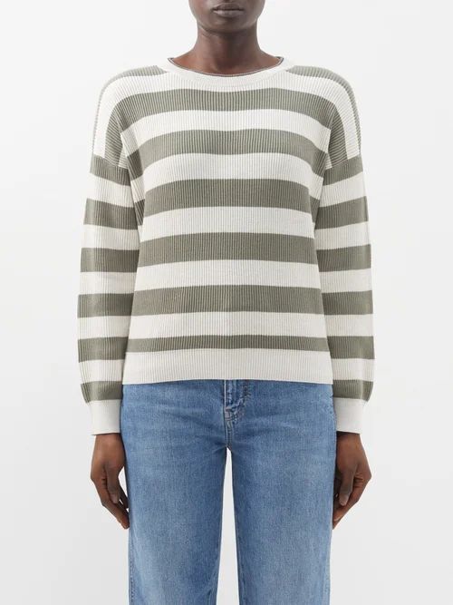 Striped Knitted-cotton Sweater - Womens - Khaki Cream