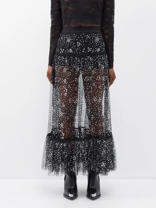 Studded Sheer-mesh Maxi Skirt - Womens - Black