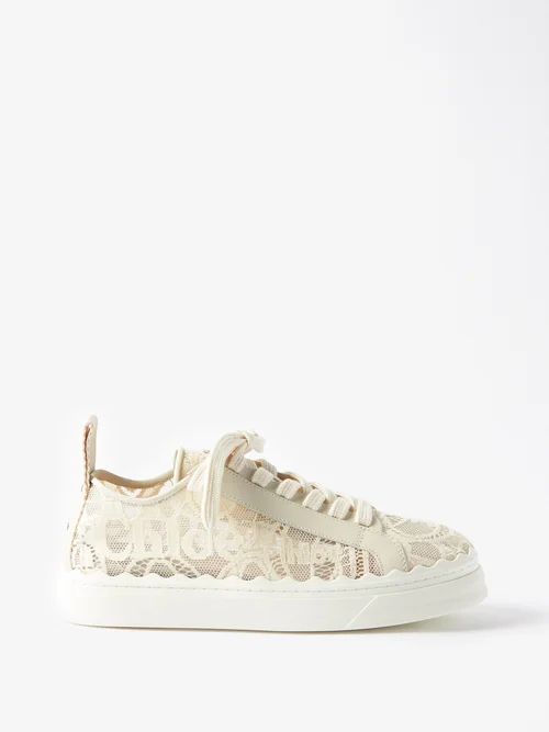 Lauren Lace-covered Leather Low-top Trainers - Womens - Light Beige
