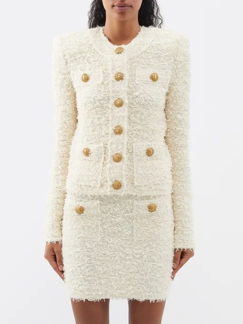 Round-neck Tweed Jacket - Womens - Ivory