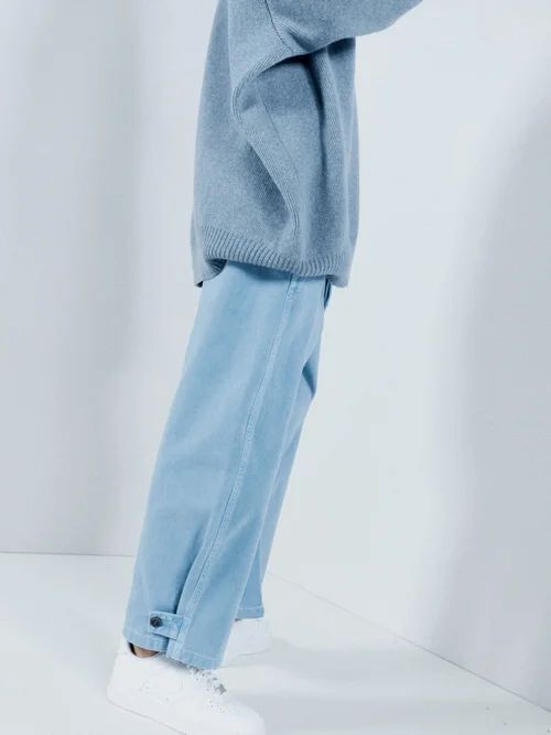 Wide-leg Organic-cotton Button-hem Chino Trouser - Womens - Blue
