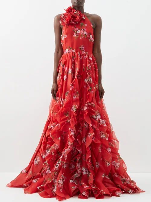 Halterneck Floral-print Silk-faille Gown - Womens - Red Multi