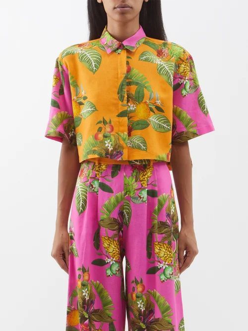 Alani Botanical-print Linen-blend Cropped Shirt - Womens - Multi