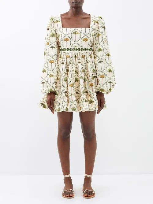 Avena Square-neck Printed Cotton Mini Dress - Womens - Ivory Multi
