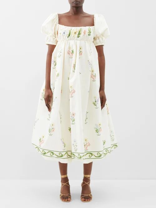 Canoa Floral-print Cotton Puffed-sleeve Dress - Womens - Ivory Multi