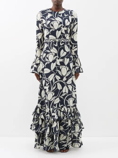 Citrus-print Tiered Linen Midi Dress - Womens - Navy Print