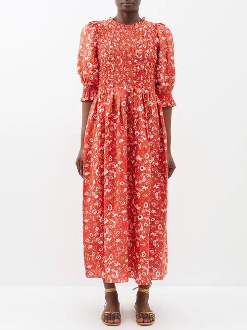 Julia Birds Of Blessing-print Linen Midi Dress - Womens - Red Print