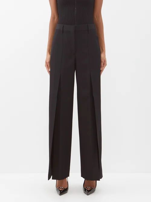 Slit-cuff Wool Wide-leg Tailored Trousers - Womens - Black
