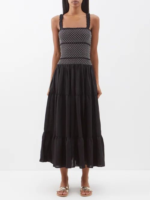 Square-neck Shirred Cotton Midi Dress - Womens - Black