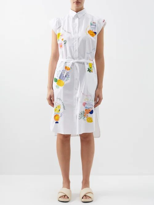Cosmic Cocktail Embroidered Cotton-poplin Dress - Womens - White Multi