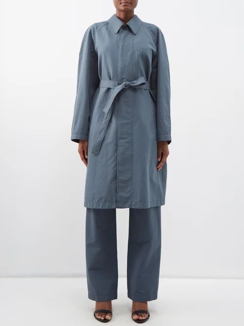 Belted Linen-blend Coat - Womens - Charcoal