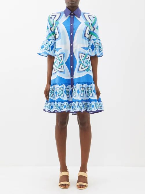 Choux Geometric-print Cotton-poplin Mini Dress - Womens - Blue Print