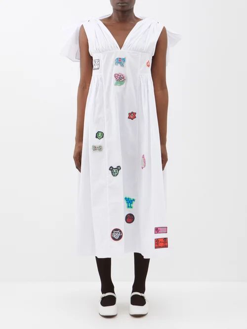 Cradler Tie-shoulder Badge Cotton Midi Dress - Womens - White Multi