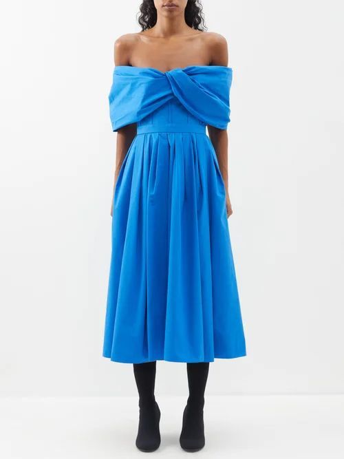 Draped Off-the-shoulder Cotton Dress - Womens - Blue