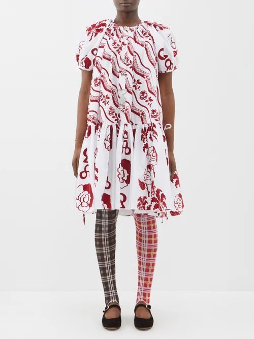 Efi Flocked Organic-cotton Poplin Mini Dress - Womens - White Red