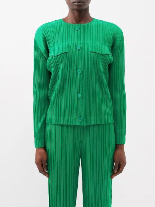 Flap-pocket Technical-pleated Jersey Cardigan - Womens - Bright Green